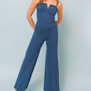 Pink Lily Classic Blue Denim jumpsuits wide leg